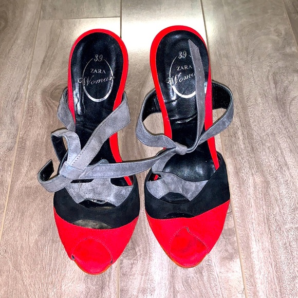 Zara peeptoe sandals high heel red orange and grey - Picture 2 of 3